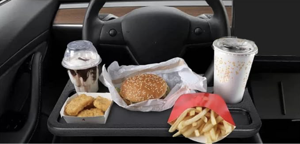 steering wheel tray with fast food