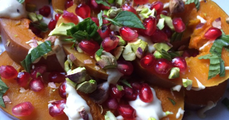 Honeynut Squash with Tahini, Pomegranate, and Pistachios