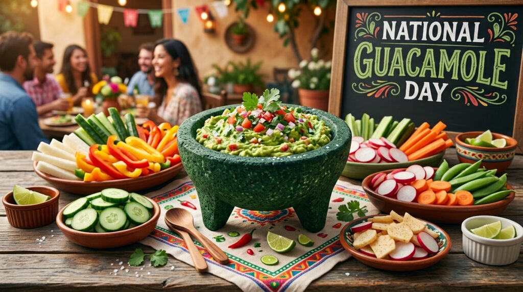 features a bowl of guacamole with cut vegetables